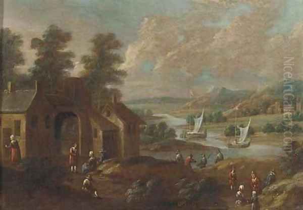 An extensive river landscape with figures by a village Oil Painting by Marc Baets