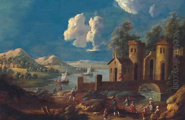 A river landscape with peasants on a track before a bridge and tower, fishing boats beyond Oil Painting by Marc Baets