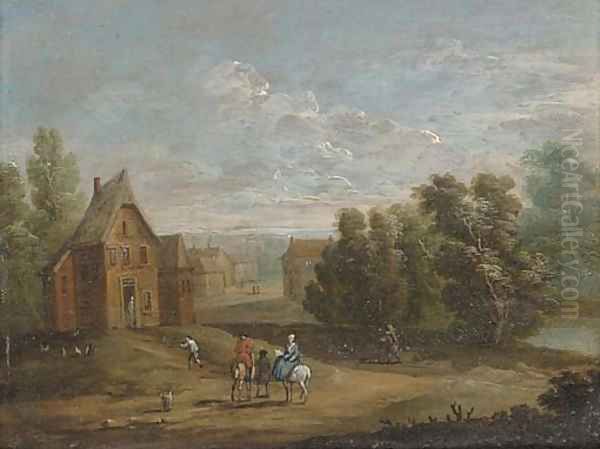 A wooded river landscape with figures on horseback by a village; and A wooded river landscape with anglers on a river bank Oil Painting by Marc Baets