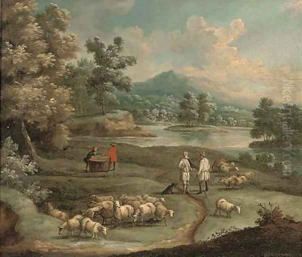 An extensive mountainous landscape, with figures and a wagon on a path by a lake; and A river landscape with shepherds conversing Oil Painting by Marc Baets