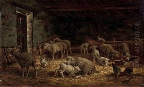 Sheep And Poultry In A Barn Oil Painting by Charles Ferdinand Ceramano