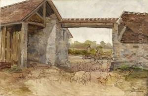 Ferme A Barbizon Oil Painting by Charles Ferdinand Ceramano