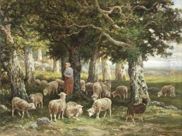 Bergere Et Ses Moutons A L'oree Du Bois Oil Painting by Charles Ferdinand Ceramano