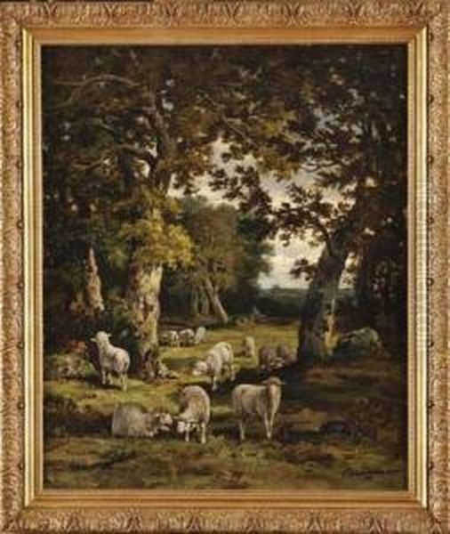 Bergers Et Moutons En Sous Bois Oil Painting by Charles Ferdinand Ceramano