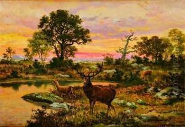 Cerf Pres De La Mare Belle Croix Oil Painting by Charles Ferdinand Ceramano