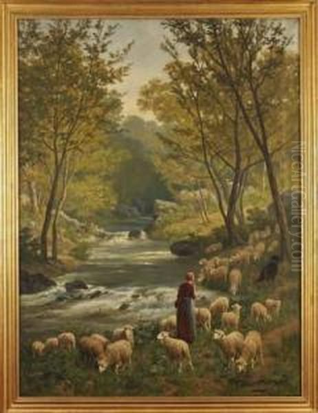 Bergere Et Ses Moutons En Bord De Torrent Oil Painting by Charles Ferdinand Ceramano