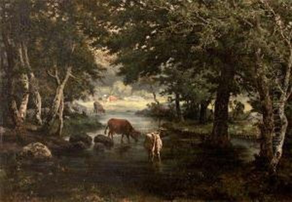 Paturage Au Bord De La Riviere Oil Painting by Charles Ferdinand Ceramano