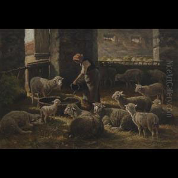 Sheep In Stable Oil Painting by Charles Ferdinand Ceramano