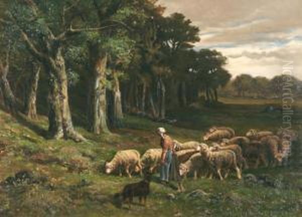 Bergere Et Ses Moutons A Barbizon Oil Painting by Charles Ferdinand Ceramano