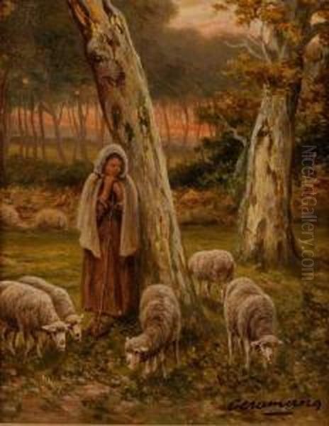 Bergere Et Ses Moutons Oil Painting by Charles Ferdinand Ceramano