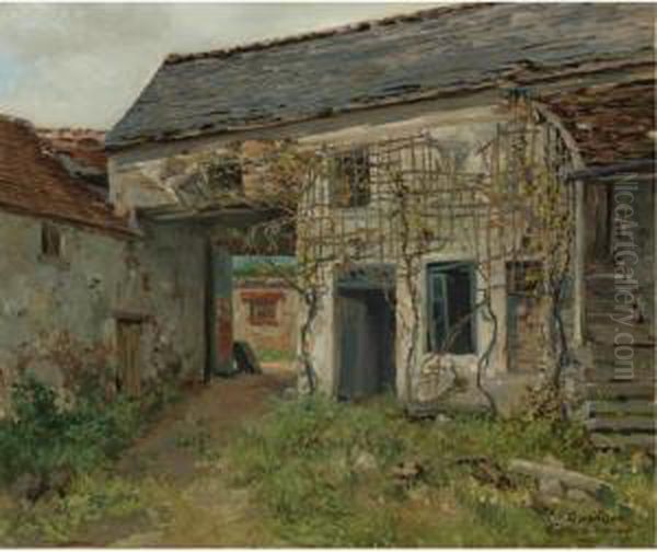 Cottage Courtyard In Barbizon Oil Painting by Charles Ferdinand Ceramano