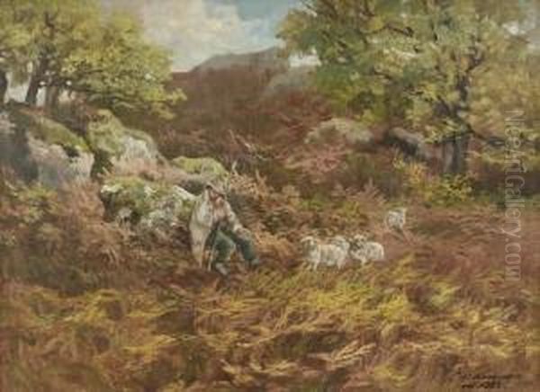 Pastorale Szene In Sommerlicher Landschaft. Oil Painting by Charles Ferdinand Ceramano