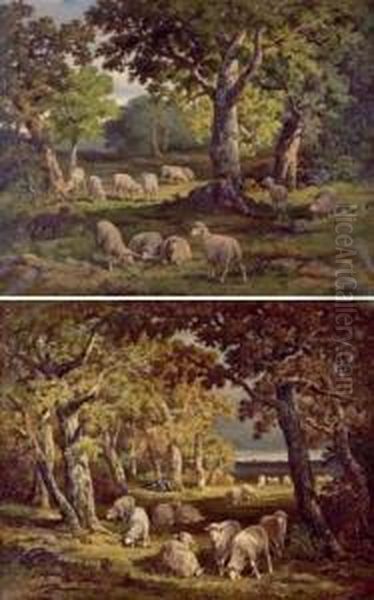 Troupeau De Moutons Dans Un Sous-bois Oil Painting by Charles Ferdinand Ceramano