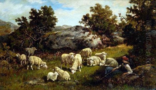 Shepherdess Watching Her Sheep, In A Rocky Landscape Oil Painting by Charles Ferdinand Ceramano