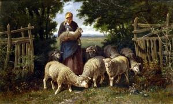 Shepherdess With Sheep And Lambs Oil Painting by Charles Ferdinand Ceramano