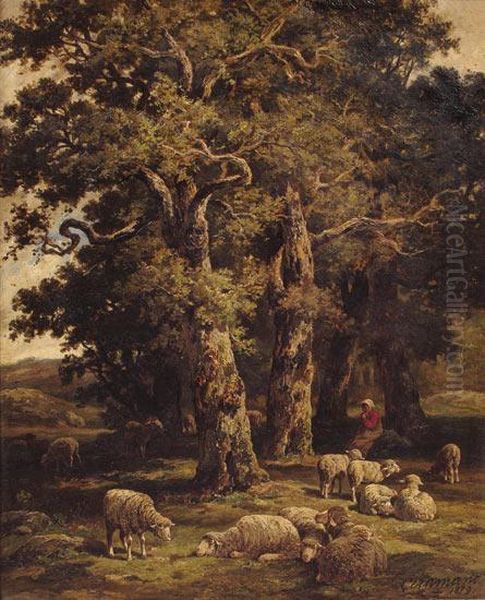 Bergere Et Ses Moutons Oil Painting by Charles Ferdinand Ceramano