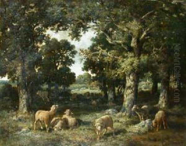 Grazing Sheep In The Shade Of The Forest Oil Painting by Charles Ferdinand Ceramano