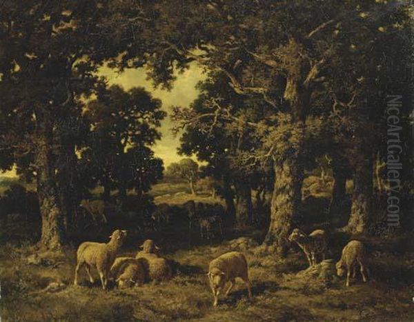 Sheep Grazing In A Wooded Landscape Oil Painting by Charles Ferdinand Ceramano