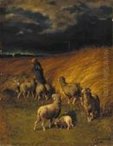 A Sheperdess With Her Flock Before A Storm Oil Painting by Charles Ferdinand Ceramano