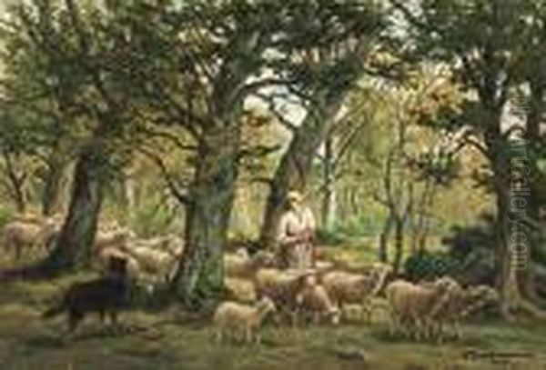 Shepherdess And Her Flock Oil Painting by Charles Ferdinand Ceramano