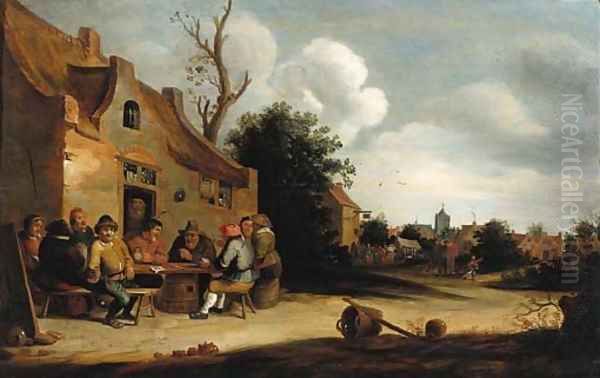 Peasants smoking and drinking outside an inn, a village in the distance Oil Painting by Pieter de Bloot