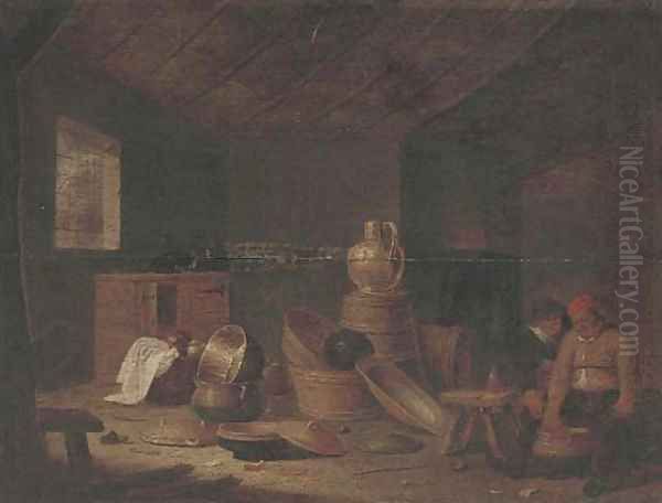 Boors in a kitchen Oil Painting by Pieter de Bloot