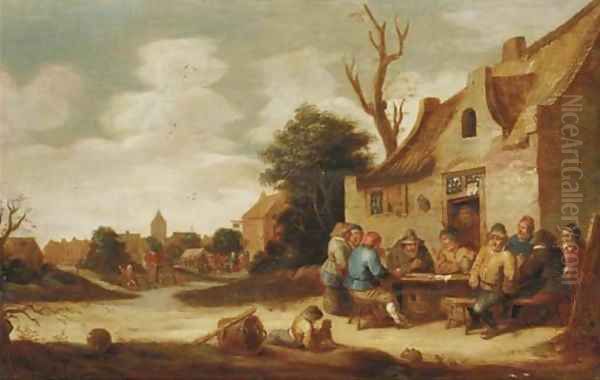 Boors smoking and drinking outside an inn, a village in the distance Oil Painting by Pieter de Bloot