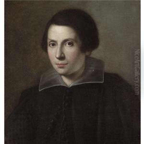 Portrait Of A Young Man, Head And Shoulders, Wearing Black With A White Ruff Oil Painting by Carlo Ceresa