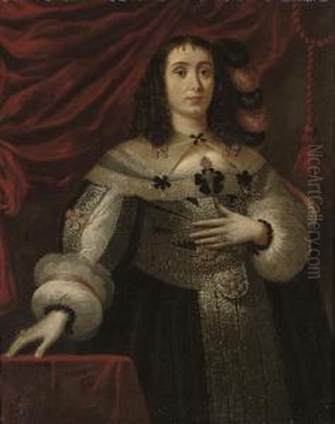 Portrait Of A Lady, 
Three-quarter-length, In A Black Dress With Silver Embroidery, Slashed 
Sleeves, And Black And Pink Bows, Ostrich Plumes In Her Hair, By A 
Draped Table Oil Painting by Carlo Ceresa