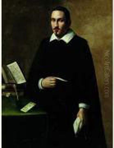 Portrait De Giulio Meria Pres De Son Bureau Tenant Une Lettre Oil Painting by Carlo Ceresa