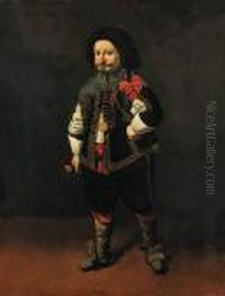 Portrait Of A Dwarf, 
Full-length, In A Gold-embroidered Black Coatwith Slashed Sleeves, Black
 Breeches, And A White Shirt Oil Painting by Carlo Ceresa