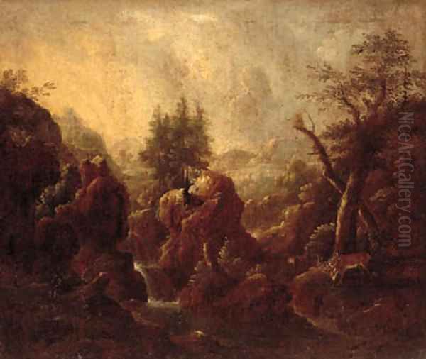 A mountainous landscape with stags by a stream, a shepherd beyond Oil Painting by Wilhelm Von Bemmel