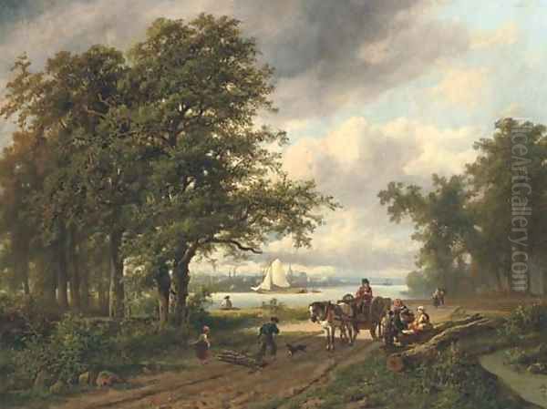 Gathering faggots by a river by Adrianus Henrikus De Bruine