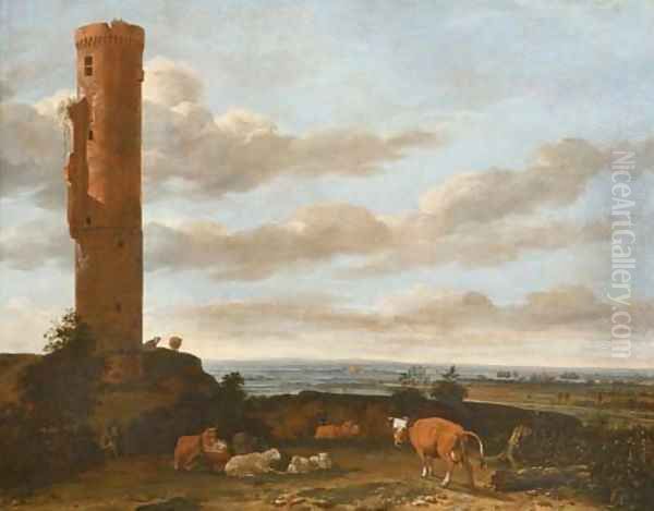 A shepherd with cattle and sheep by a tower in a panoramic landscape Oil Painting by Anthonie Van Borssom