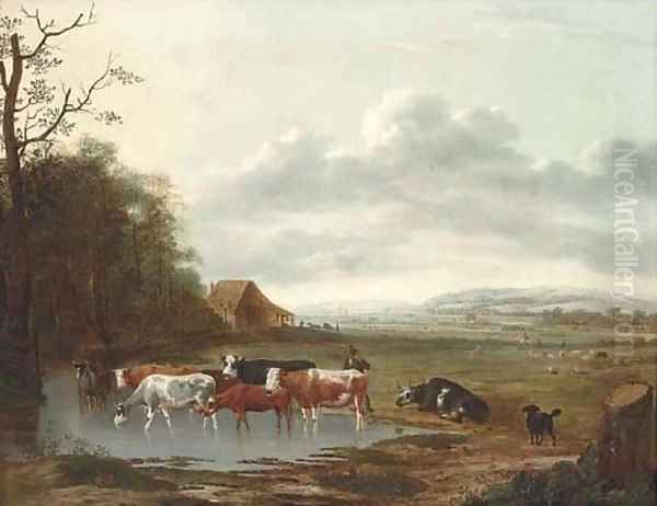 An extensive landscape with a herdsman and cattle Oil Painting by Anthonie Van Borssom