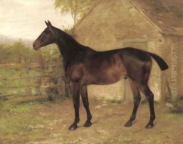 A liver chestnut hunter in a stable yard Oil Painting by Anthony De Bree