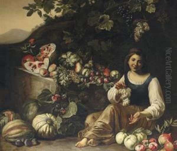 A Girl Holding A Bunch Of 
Grapes, With A Melon, Squashes, Plums Andother Fruit, In A Landscape Oil Painting by Michelangelo Cerqouzzi