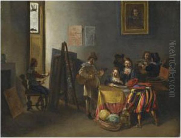 An Artist's Studio With Models 
Sitting For A Genre Painting, Or An'allegory Of The Five Senses' Oil Painting by Michelangelo Cerqouzzi