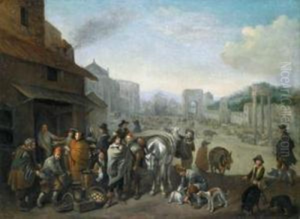 Un Mercato Romano Oil Painting by Michelangelo Cerqouzzi