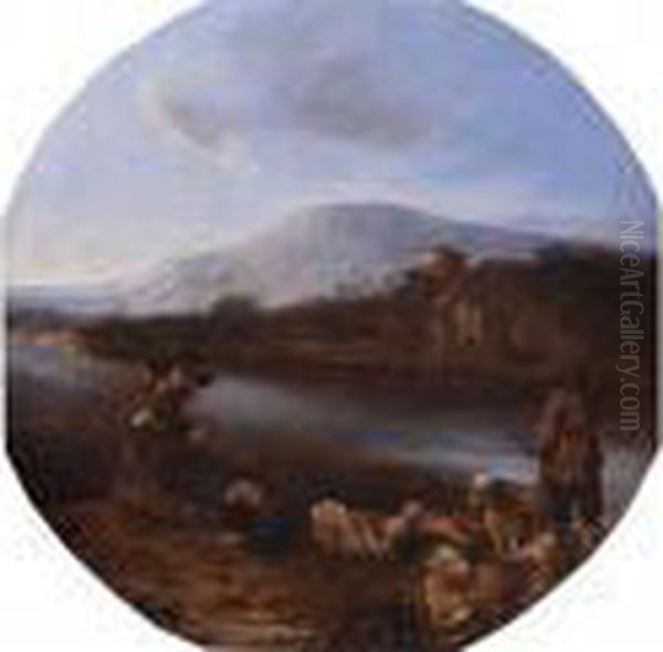 Hirten In Italienischer Landschaft
 Am Ufer Eines Flusses Oil Painting by Michelangelo Cerqouzzi