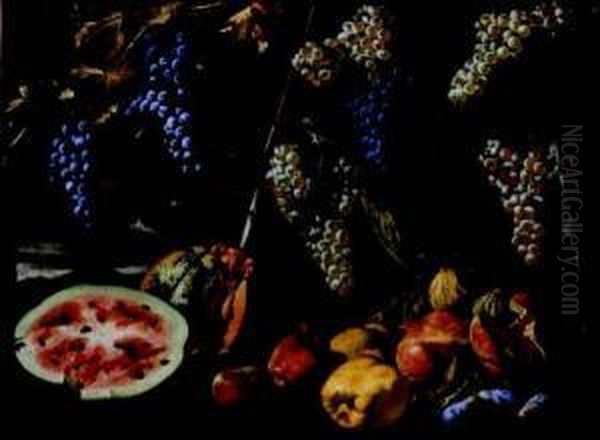 Natura Morta Di Frutta Con Tralci Di Vite, Anguria, Zucca, Mele,
Melograne E Susine Oil Painting by Michelangelo Cerqouzzi