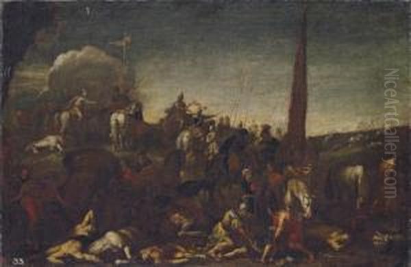 The Aftermath Of A Battle, With Soldiers Raising An Injured King In The Foreground Oil Painting by Michelangelo Cerqouzzi