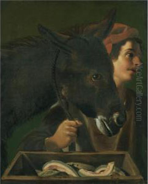 A Young Man And His Donkey Oil Painting by Michelangelo Cerqouzzi