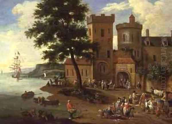 Fisherfolk unloading their catch, and gentlemen departing from a manor house Oil Painting by Boudewyns