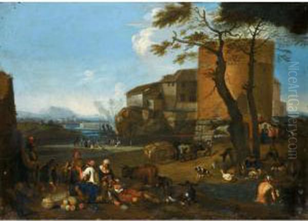 Italianate Landscape With 
Peasants Eating And Drinking With Their Animals Near A Fortified Village Oil Painting by Michelangelo Cerqouzzi