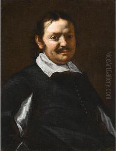 Portrait Of A Man, Half Length, Wearing Black With A White Ruff Oil Painting by Michelangelo Cerqouzzi