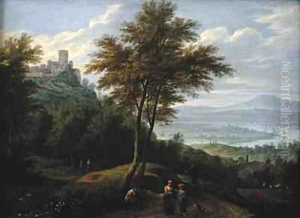 River valley landscape with travellers and fishermen Oil Painting by Boudewyns