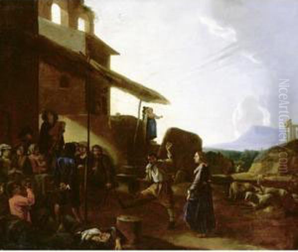 Roman Street Scene With Figures Dancing And Drinking Outside A Tavern Oil Painting by Michelangelo Cerqouzzi