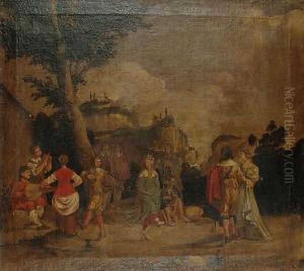 Figures Dancing And Making Music In An Italianate Landscape Oil Painting by Michelangelo Cerqouzzi