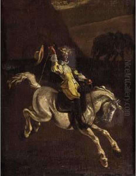 A Gentleman In Yellow Schooling A Horse Oil Painting by Michelangelo Cerqouzzi